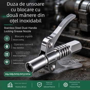 Duză de ungere cu mâner dublu, blocare automată, presiune înaltă, duză plată, cap universal pentru pistol de ungere