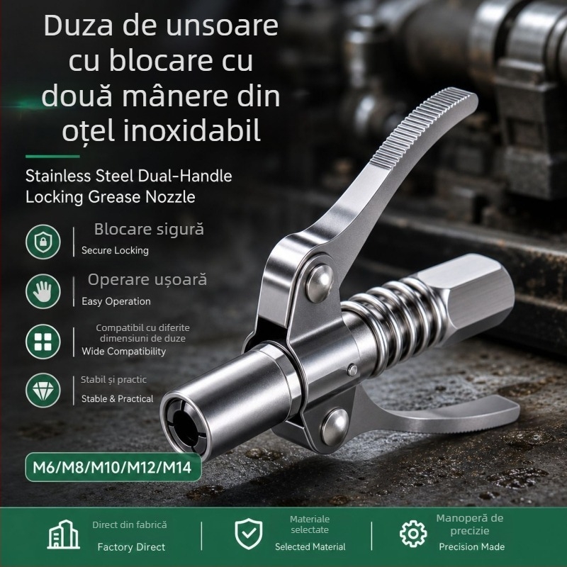 Duză de ungere cu mâner dublu, blocare automată, presiune înaltă, duză plată, cap universal pentru pistol de ungere
