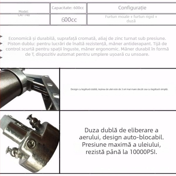 HCAT pistolă de vaselină manuală 500cc, tip tijă, pompă dublă, presiune înaltă, lubrifiere mecanică