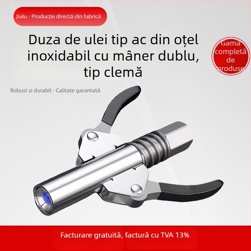 Duza pentru pistol de lubrifiant din oțel inoxidabil, tip clemă cu două mâini, auto-încuire, pentru utilizare manuală, pneumatică și electrică