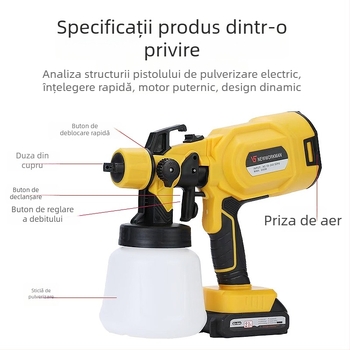 Pistol de vopsire cu baterie litiu detașabilă, pulversizator electric cu presiune înaltă pentru vopsea pe bază de latex și ulei