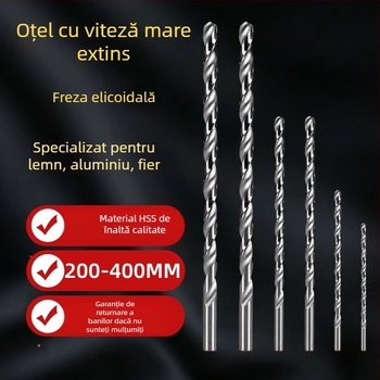 Burghiu spiral HSS din oțel rapid, tijă dreaptă, prelungit, pentru găurire în fier, plastic, lemn și acrilic, 160-400 mm