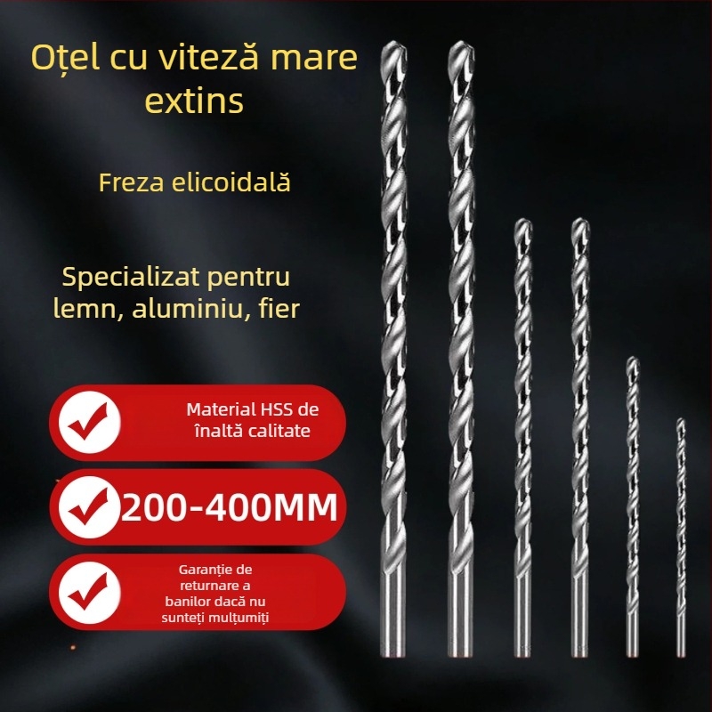 Burghiu spiral HSS din oțel rapid, tijă dreaptă, prelungit, pentru găurire în fier, plastic, lemn și acrilic, 160-400 mm