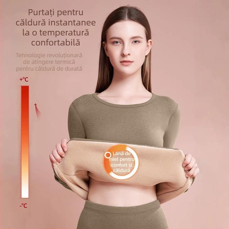 Set de lenjerie termică pentru femei, din fleece de lână de miel - gros pentru iarnă, top și pantaloni căptușiți cu fleece