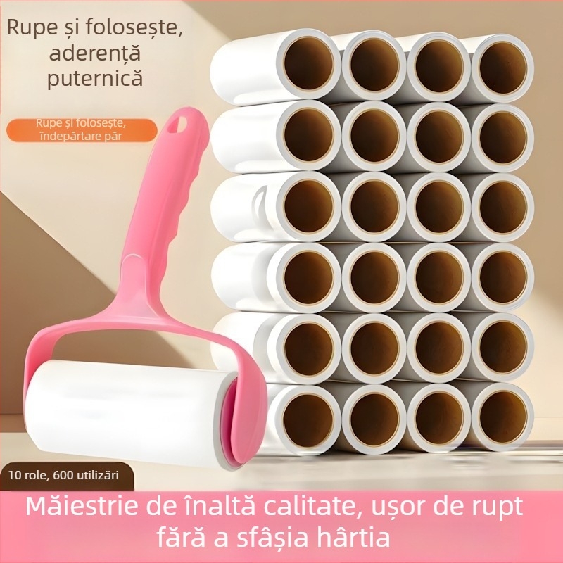 Îndepărtător puternic de păr pentru haine, cu rolă de hârtie lipicioasă înlocuibilă