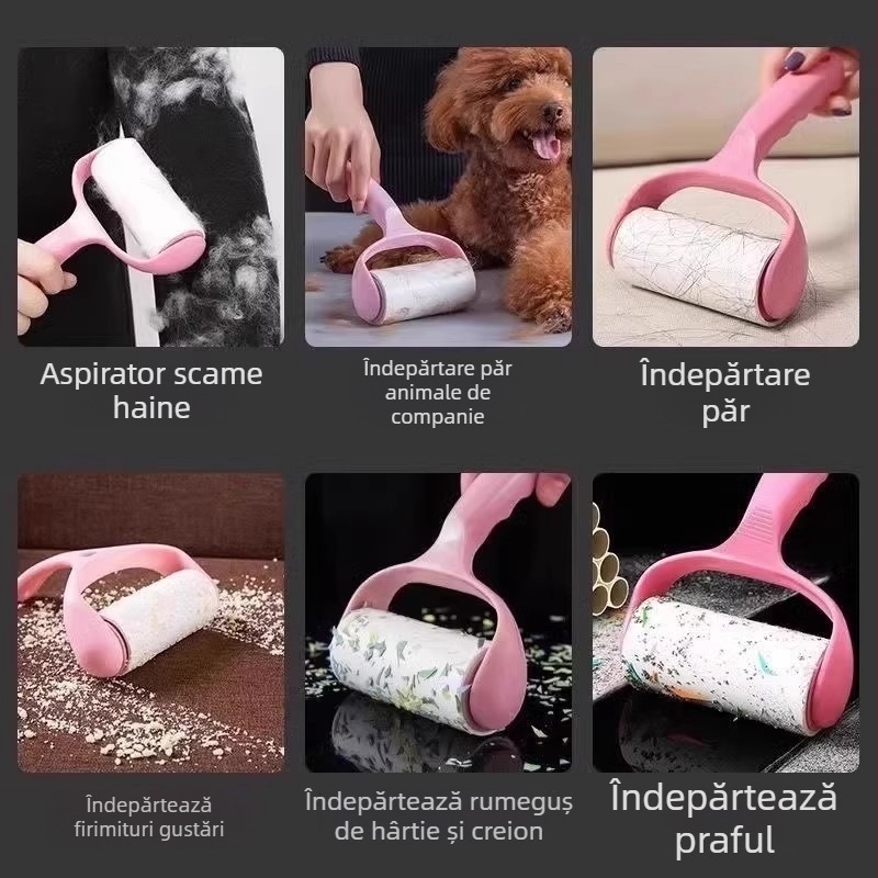 Îndepărtător puternic de păr pentru haine, cu rolă de hârtie lipicioasă înlocuibilă