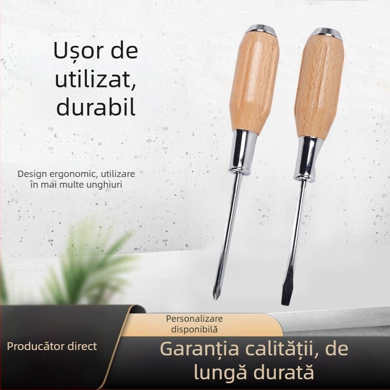 Șurubelniță multifuncțională cu mâner din lemn și ax cromat cilindric — capuri Phillips și plat