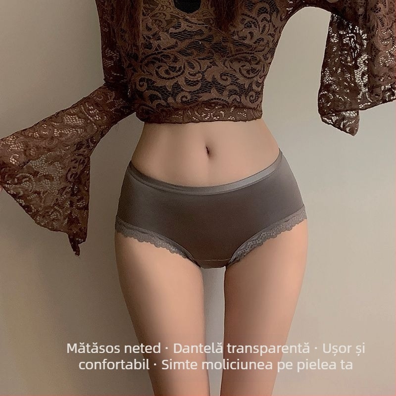Chiloți pentru femei, dantelă în stil franțuzesc, dantelă Satin Ice Silk, talie medie, zonă antibacteriană
