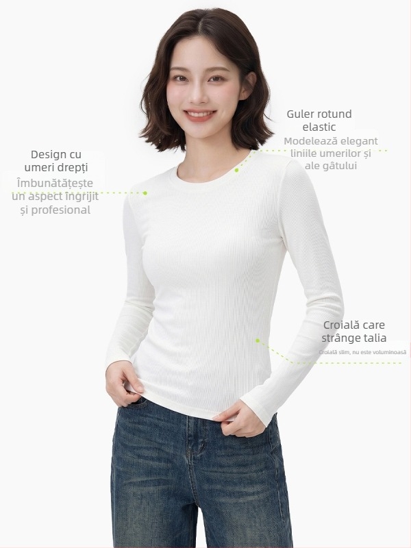 Tricou dama cu mâneci lungi, stil casual japonez, culoare solidă, guler rotund, talie cambrată, croială slim, clasic de toamnă