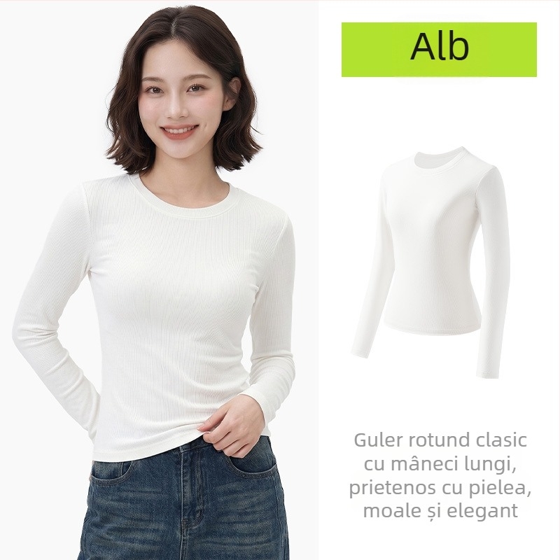 Tricou dama cu mâneci lungi, stil casual japonez, culoare solidă, guler rotund, talie cambrată, croială slim, clasic de toamnă