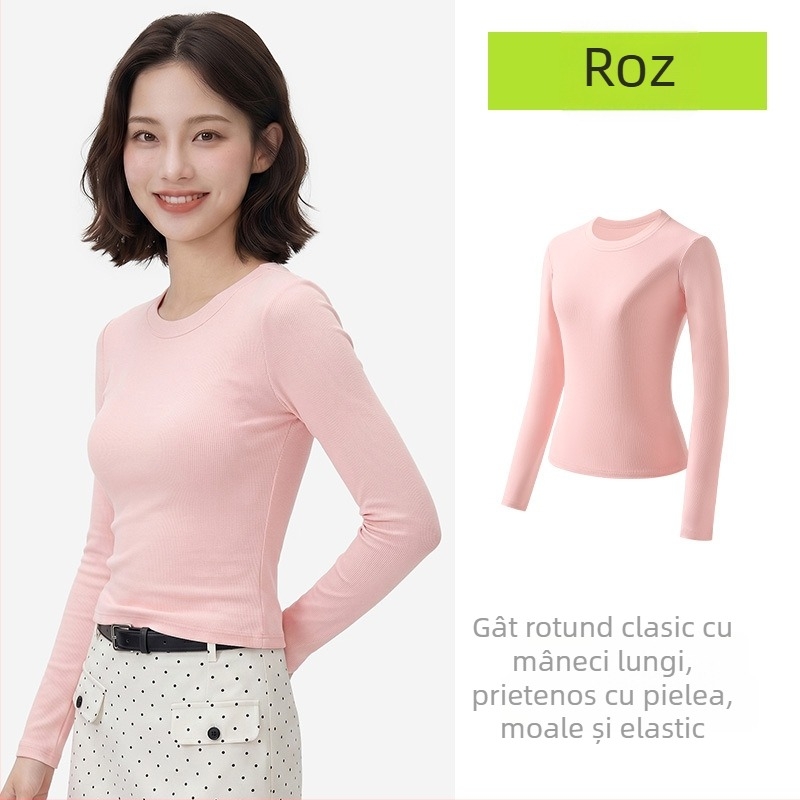 Tricou dama cu mâneci lungi, stil casual japonez, culoare solidă, guler rotund, talie cambrată, croială slim, clasic de toamnă