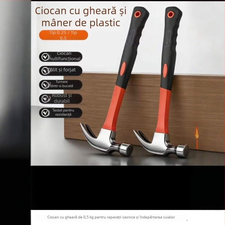 Ciocan cu mâner din plastic, 0,25 kg, cap din fier, construcție cu acoperire din plastic, durabil