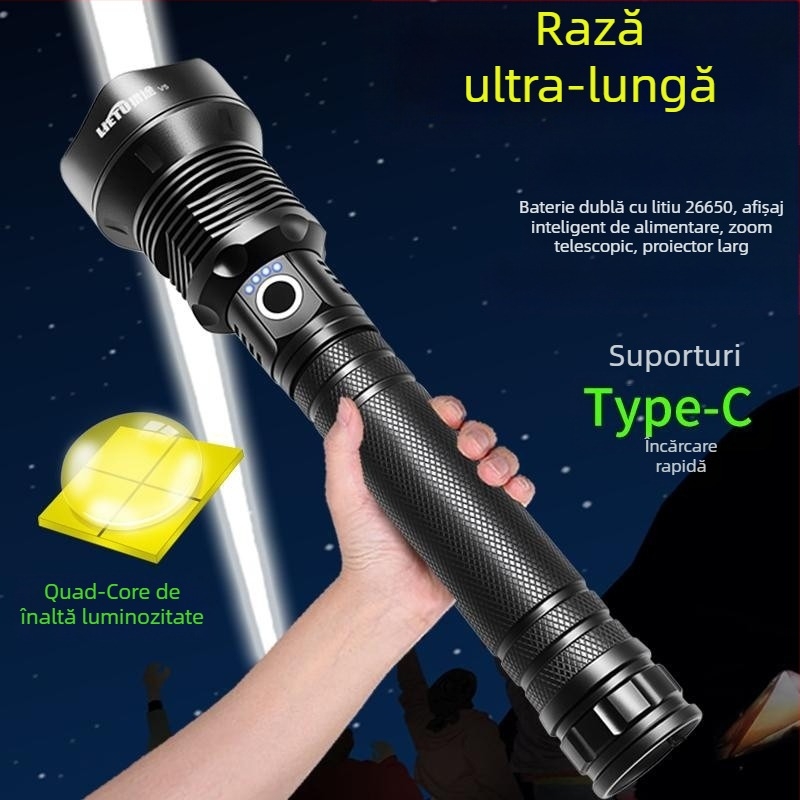 Lanternă cu rază extinsă, quad-core puternic, ultra-lumină cu funcție de zoom, reîncărcabilă cu două baterii, iluminare în aer liber la distanțe mari