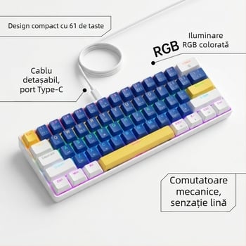 K61 61‑chei mecanică cu switchuri albastre, roșii, maro și negre, cablu detașabil, iluminare RGB, tastatură mecanică pentru gaming