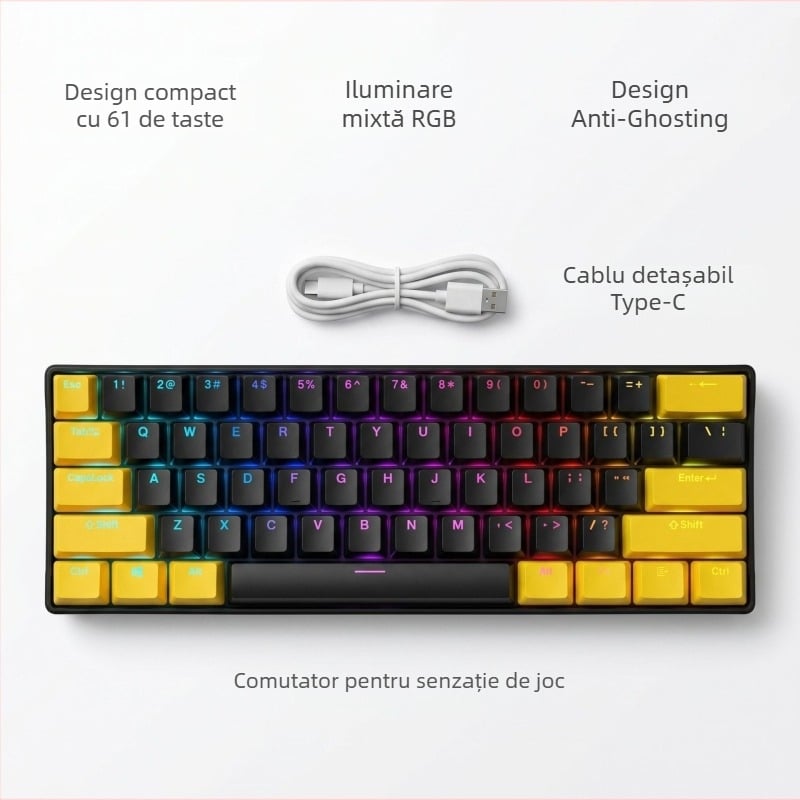 K61 61‑chei mecanică cu switchuri albastre, roșii, maro și negre, cablu detașabil, iluminare RGB, tastatură mecanică pentru gaming