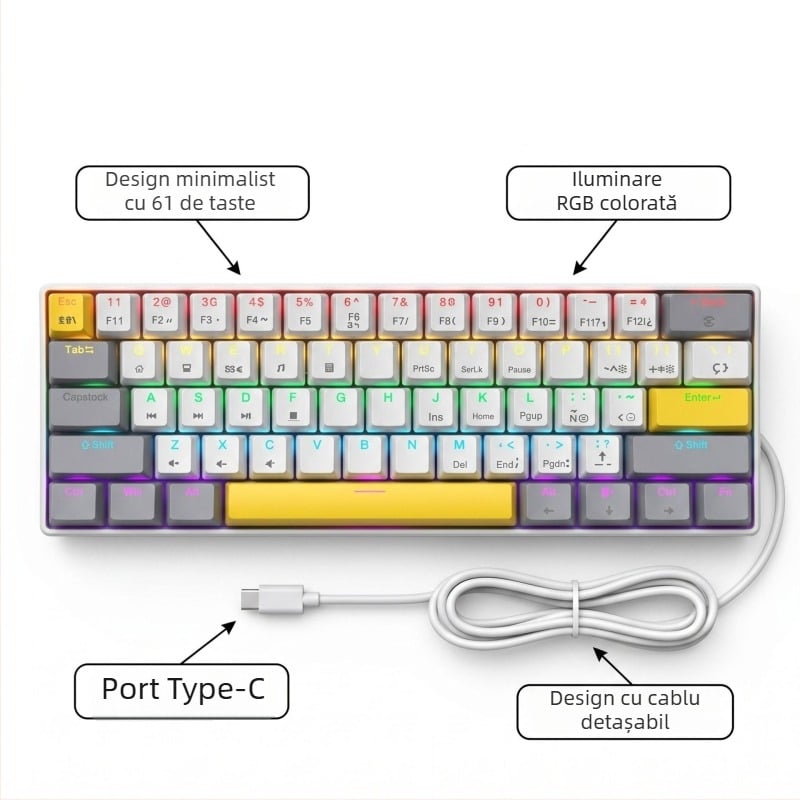 K61 61‑chei mecanică cu switchuri albastre, roșii, maro și negre, cablu detașabil, iluminare RGB, tastatură mecanică pentru gaming
