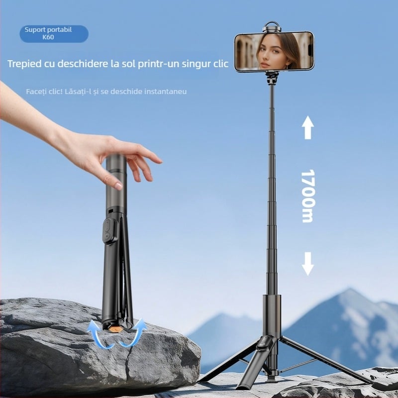 Trepied pentru selfie K60 cu reglaj focalizare și telecomandă - suport telefon portabil pentru streaming live