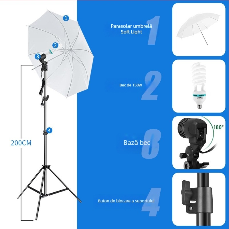 Kit de iluminat pentru studio: umbrelă pentru lumină difuză, cadru de fundal, ecran verde și cutie de lumină difuză – iluminare continuă