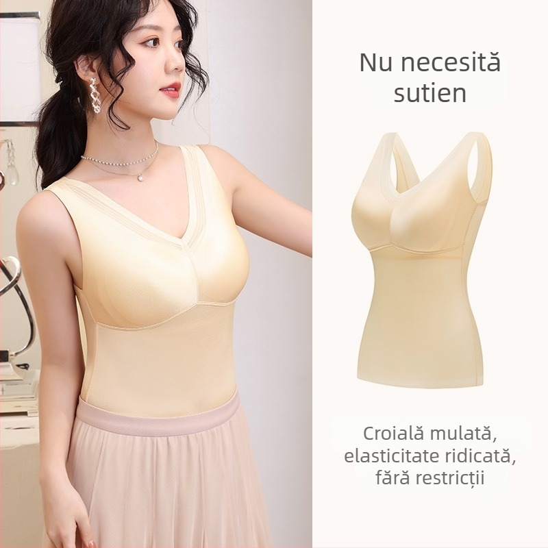 Camisolă fără cusur, din mătase de mulberry, cu cupe din latex, modelare laterală a sânilor, lenjerie de corp pentru partea superioară a corpului