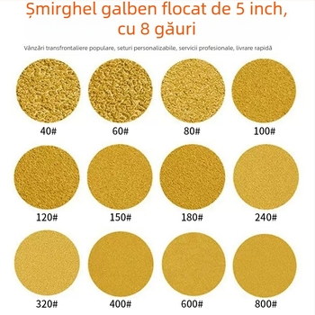 Disc de 5 inci, cu 8 găuri, pentru șlefuire uscată și flocking; disc abraziv galben pentru lustruirea vopselei auto, bază autoadezivă pneumatică