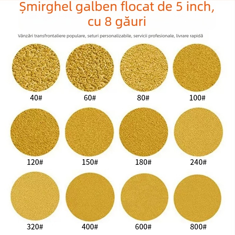 Disc de 5 inci, cu 8 găuri, pentru șlefuire uscată și flocking; disc abraziv galben pentru lustruirea vopselei auto, bază autoadezivă pneumatică