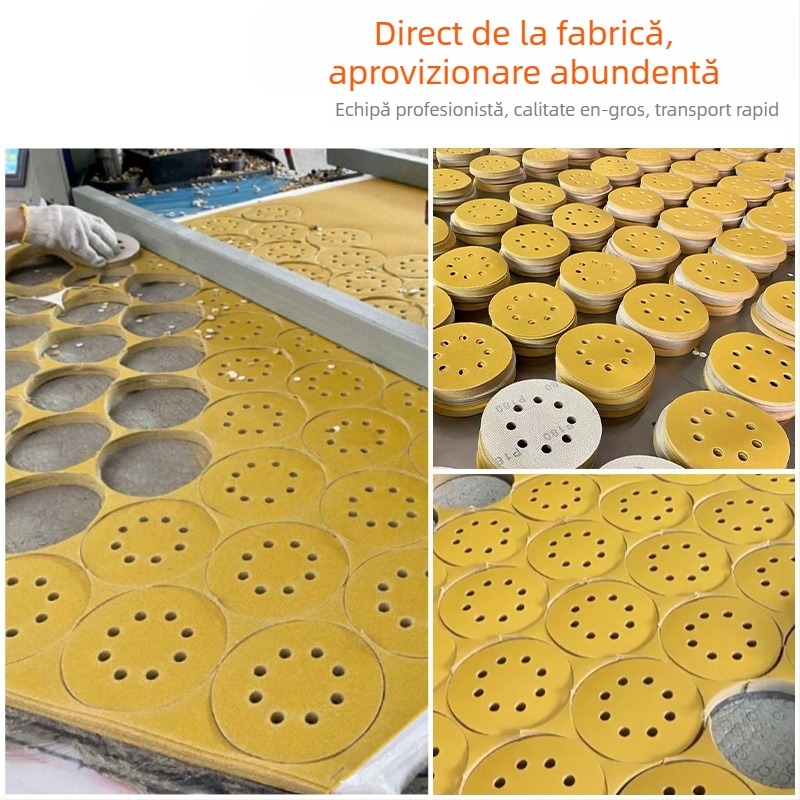 Disc de 5 inci, cu 8 găuri, pentru șlefuire uscată și flocking; disc abraziv galben pentru lustruirea vopselei auto, bază autoadezivă pneumatică