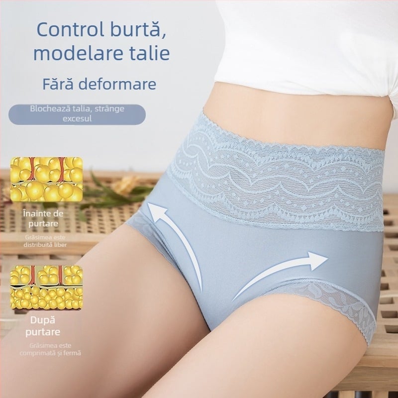 Chiloți pentru femei talie înaltă, modelare abdomen, cu căptușeală din bumbac, antibacterian, mărime mare, dantelă respirabilă