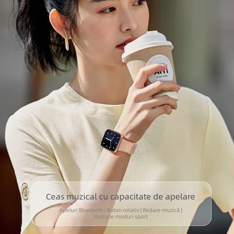 Smartwatch S9 pentru femei, monitorizarea tensiunii arteriale și a ritmului cardiac, monitorizarea somnului și a activității, display pătrat, curea din silicon, încărcare wireless