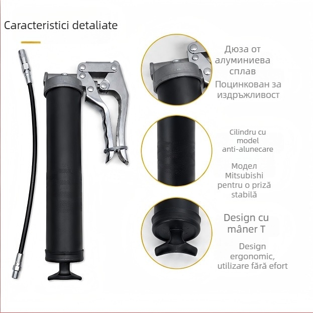 Pompa de unsoare manuală, pistol stil, presiune înaltă, aliaj de aluminiu turnat, capacitate 400 cm³, acționare manuală