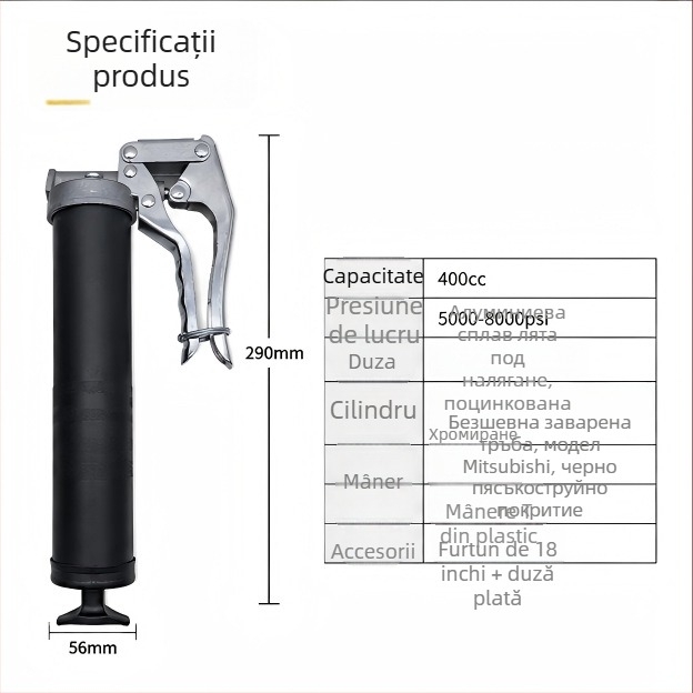 Pompa de unsoare manuală, pistol stil, presiune înaltă, aliaj de aluminiu turnat, capacitate 400 cm³, acționare manuală