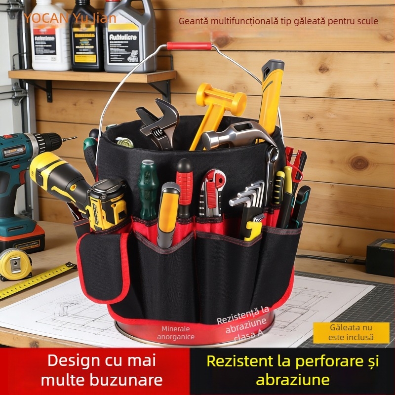 Geantă găleată multifuncțională pentru unelte, cu buzunare multiple, din Oxford gros, impermeabilă, rezistentă la zgârieturi și uzură, cu spațiu mare