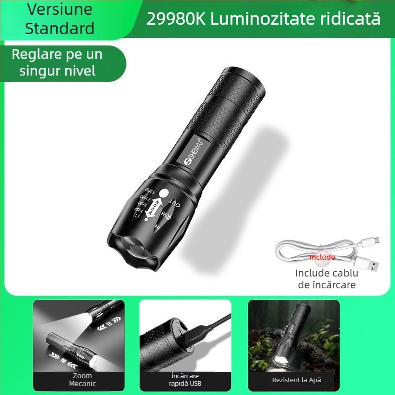 Lanternă T6 Zoom – LED ultra-luminantă, rază lungă, compactă, reîncărcabilă, pentru exterior și iluminare în casă.