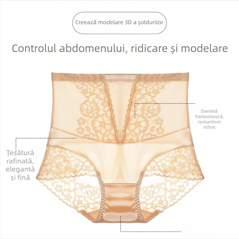 008 Slipuri femei talie înaltă, dantelă, satin și bumbac, respirabile, control abdominal și ridicare a șoldurilor
