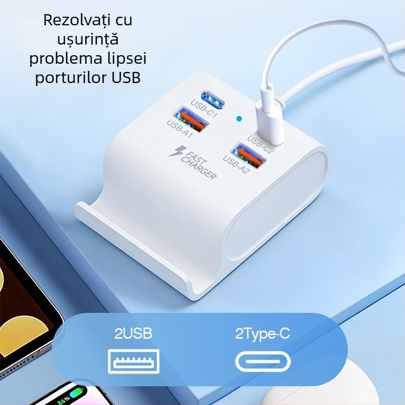 Hub USB 3.1 cu 4 porturi, stație de încărcare și suport pentru telefon