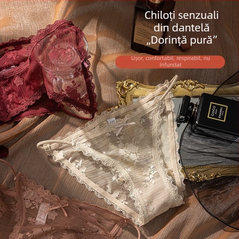 Chiloți din dantelă pentru femei, talie joasă, plasă respirabilă, bretele subțiri, căptușală din bumbac, fundă