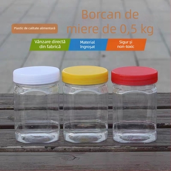Sticle din plastic pentru miere cu gură largă, set cu formă pătrată și rotundă, 360 ml fiecare, cu capace interne, PET, capac PP