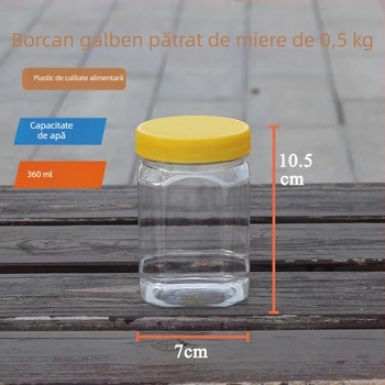 Sticle din plastic pentru miere cu gură largă, set cu formă pătrată și rotundă, 360 ml fiecare, cu capace interne, PET, capac PP