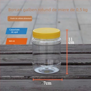 Sticle din plastic pentru miere cu gură largă, set cu formă pătrată și rotundă, 360 ml fiecare, cu capace interne, PET, capac PP