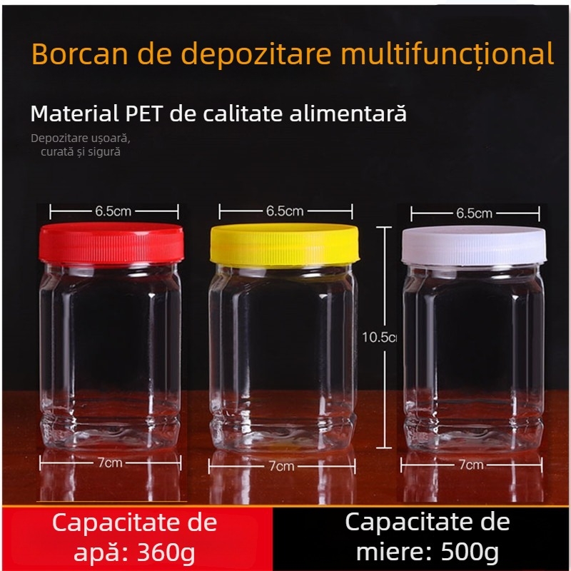 Sticle din plastic pentru miere cu gură largă, set cu formă pătrată și rotundă, 360 ml fiecare, cu capace interne, PET, capac PP