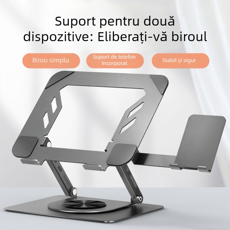 Suport pentru laptop din oțel de carbon, cu suport pentru telefon, rotativ la 360°, pliabil, reglabil pe înălime, bază de răcire