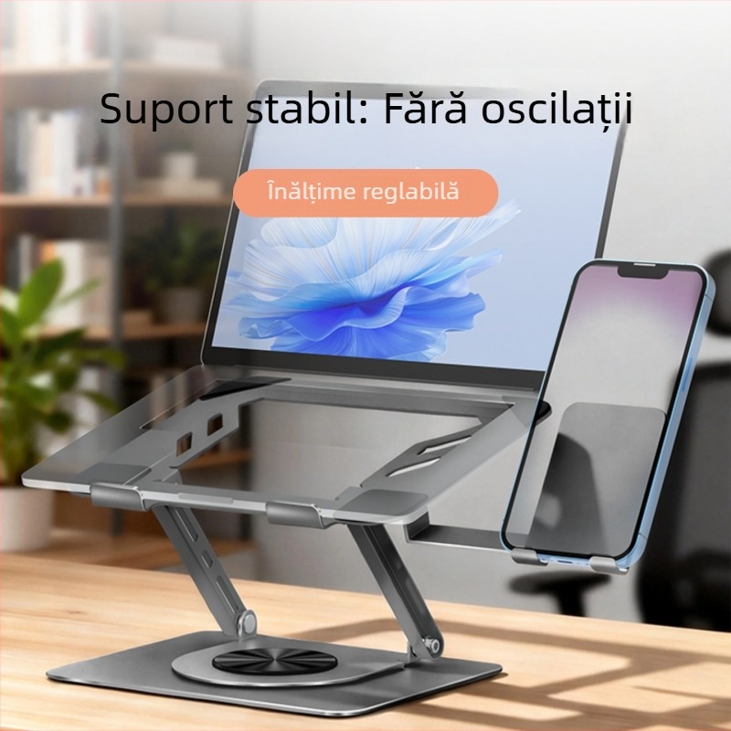 Suport pentru laptop din oțel de carbon, cu suport pentru telefon, rotativ la 360°, pliabil, reglabil pe înălime, bază de răcire