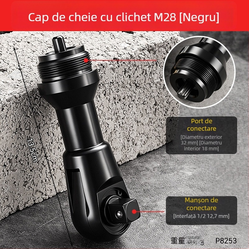 Capă de cheie electric cu rac M28, 1/2 inch, 72 dinți, bidirecțional, cuplu înalt