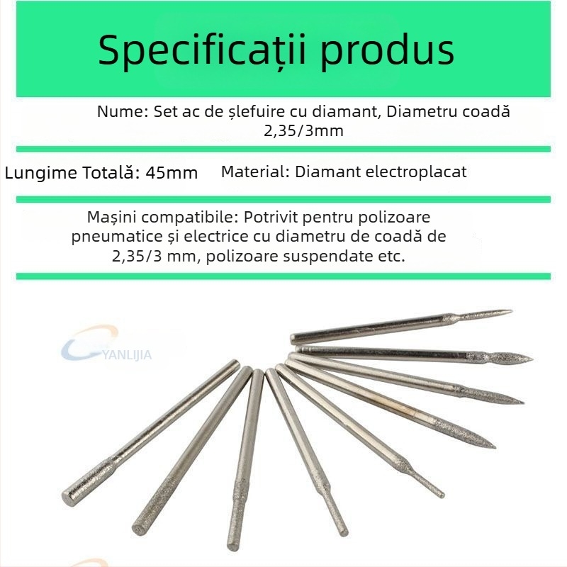 Capete diamantate pentru șlefuire, set de 30 bucăți într-o cutie verde, cu ax de 2,35/3,0 mm pentru manichiură