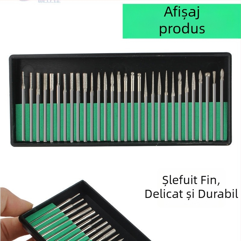 Capete diamantate pentru șlefuire, set de 30 bucăți într-o cutie verde, cu ax de 2,35/3,0 mm pentru manichiură