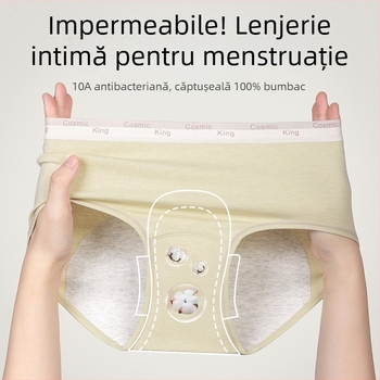 Chiloți femei pentru menstruație, 100% bumbac, cu croială din bumbac și strat anti-scurgere