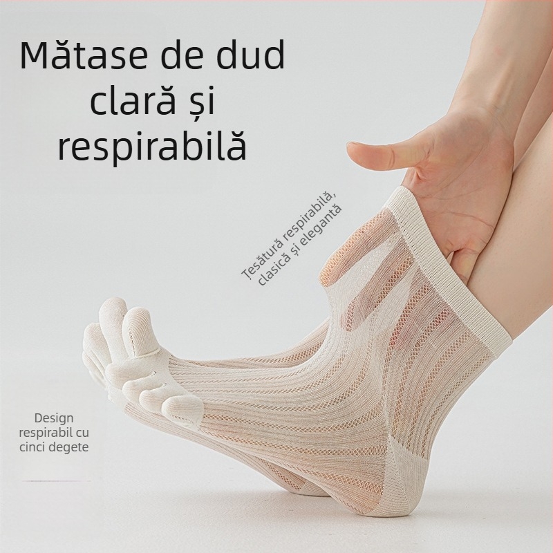 Șosete pentru femei cu cinci degete din mătase de dud, subțiri, plasă, cu degete separate, culoare solidă, antibacteriene, respirabile, până la gambă