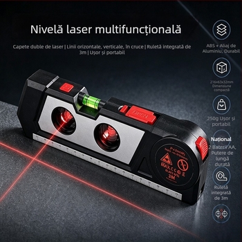 Trei în unu: unealtă de nivel cu laser infraroușu, linie încrucișată și bandă de măsurat