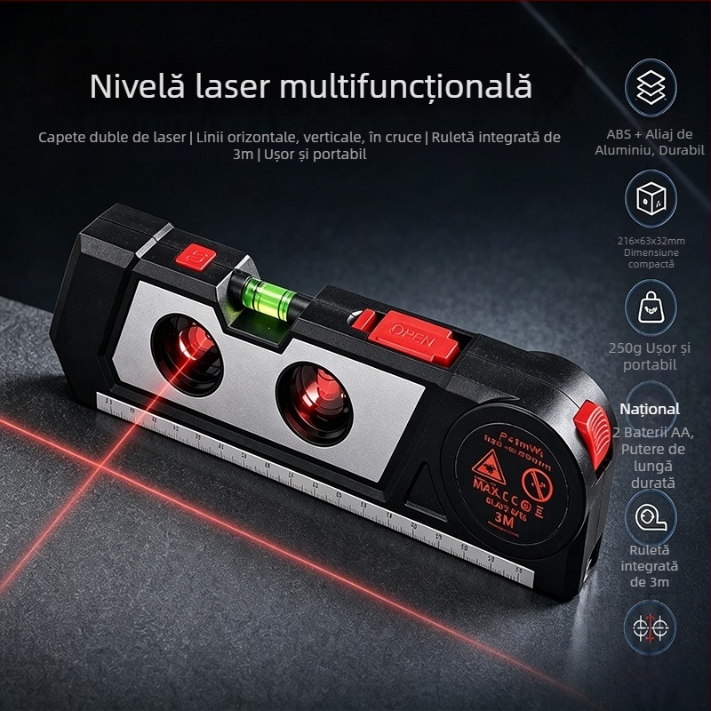 Trei în unu: unealtă de nivel cu laser infraroușu, linie încrucișată și bandă de măsurat