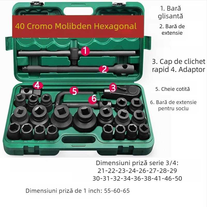 Set pneumatic de șuruburi 3/4, 26 piese, cu prindere 1/2 in și 1 in, pentru reparații auto