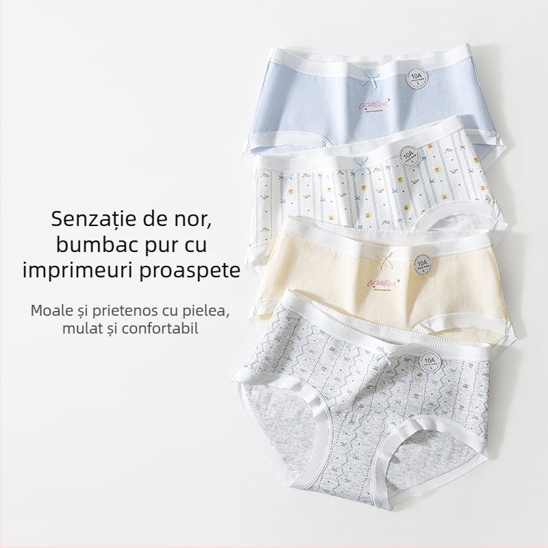 Chiloți din bumbac pentru fete, talie medie, antibacteriali, crotch extins, fără cusături, elastici, imprimeu floral proaspăt